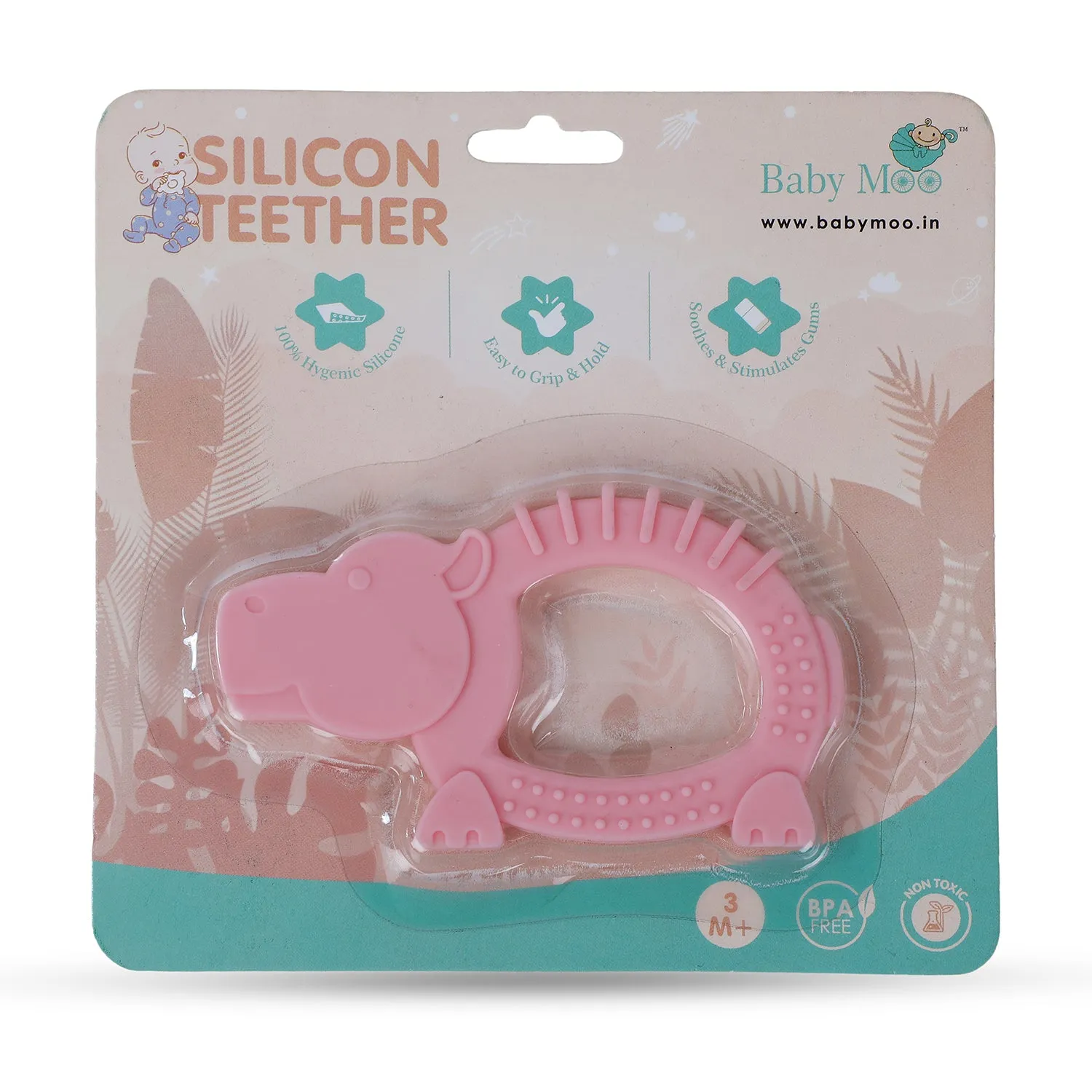 Baby Moo Soothing Silicon Teether BPA And Toxin Free Pack of 2 - Unicorn Blue And Hippo Pink