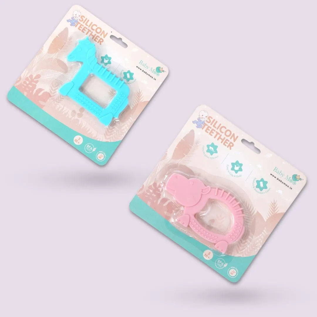 Baby Moo Soothing Silicon Teether BPA And Toxin Free Pack of 2 - Unicorn Blue And Hippo Pink