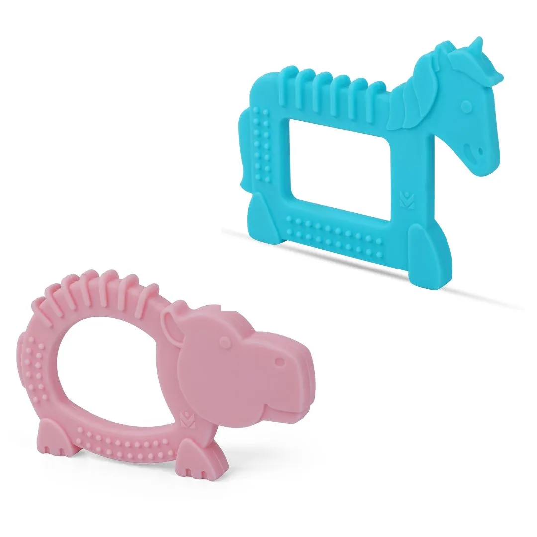Baby Moo Soothing Silicon Teether BPA And Toxin Free Pack of 2 - Unicorn Blue And Hippo Pink