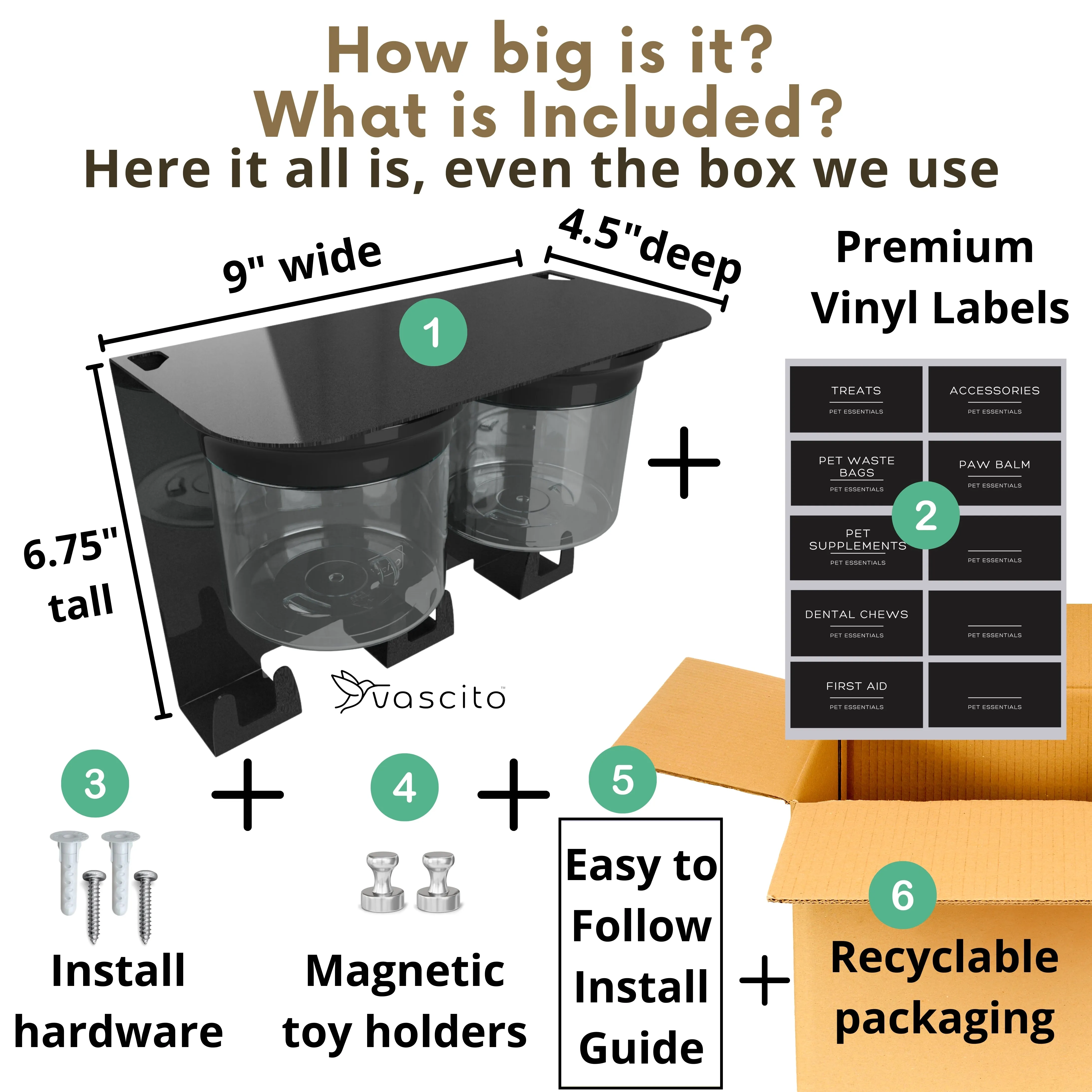Dog Leash Holder for Wall with 9" Dog Shelf, Deep Dog Hooks and 2 Small Airtight Dog Treat Containers, Dog Stuff Organizer and Storage, Dog Accessories, New Puppy Essentials