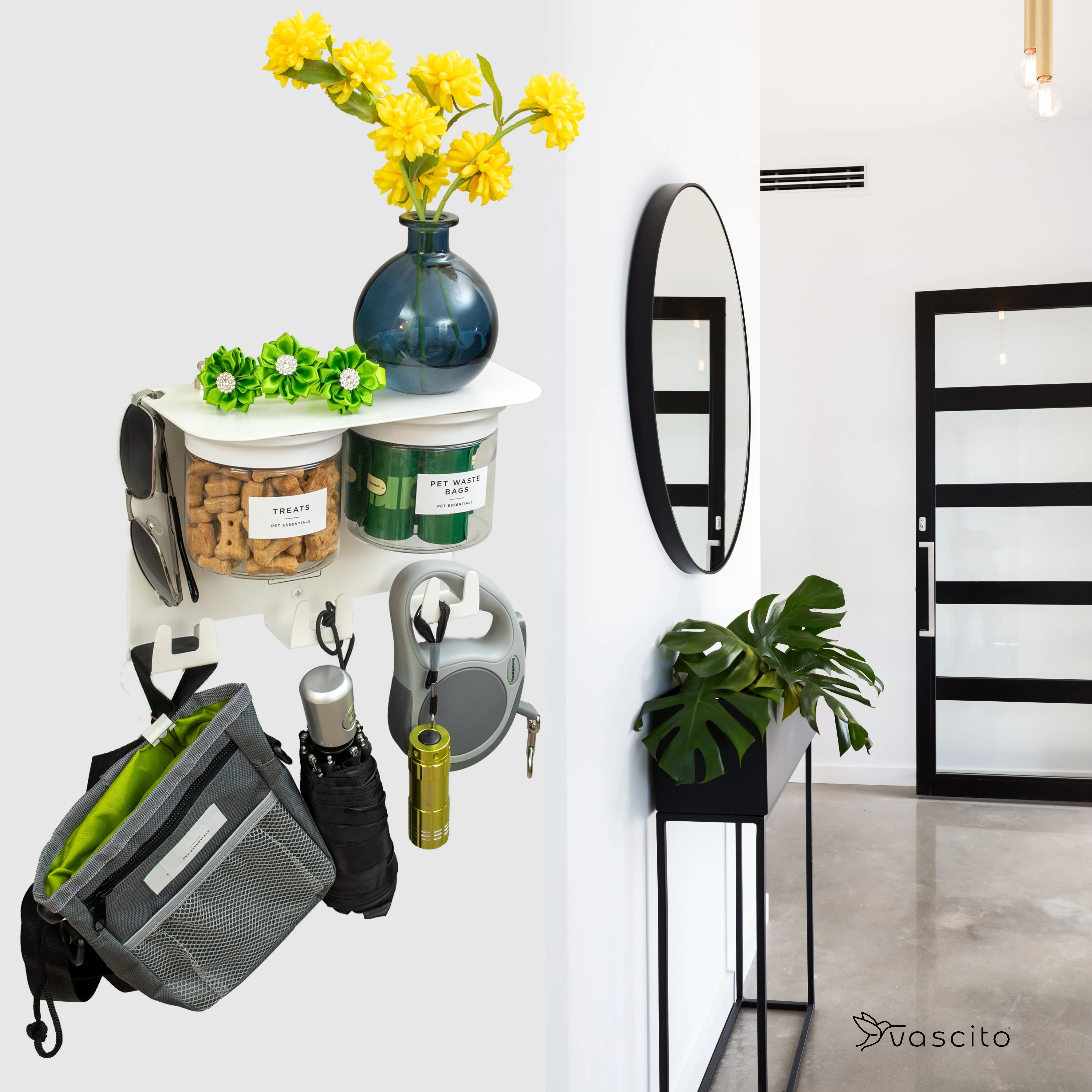 Dog Leash Holder for Wall with 9" Dog Shelf, Deep Dog Hooks and 2 Small Airtight Dog Treat Containers, Dog Stuff Organizer and Storage
