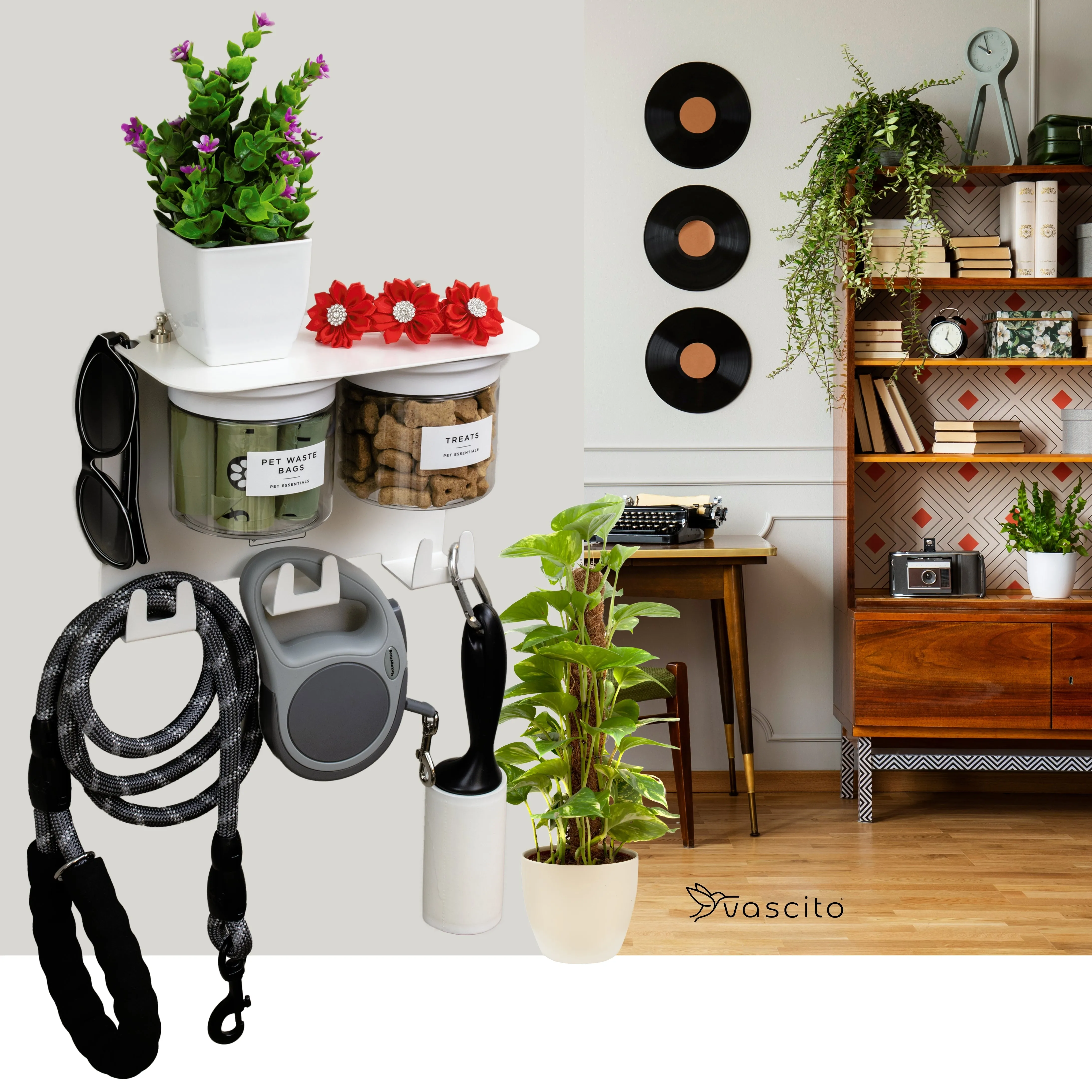Dog Leash Holder for Wall with 9" Dog Shelf, Deep Dog Hooks and 2 Small Airtight Dog Treat Containers, Dog Stuff Organizer and Storage