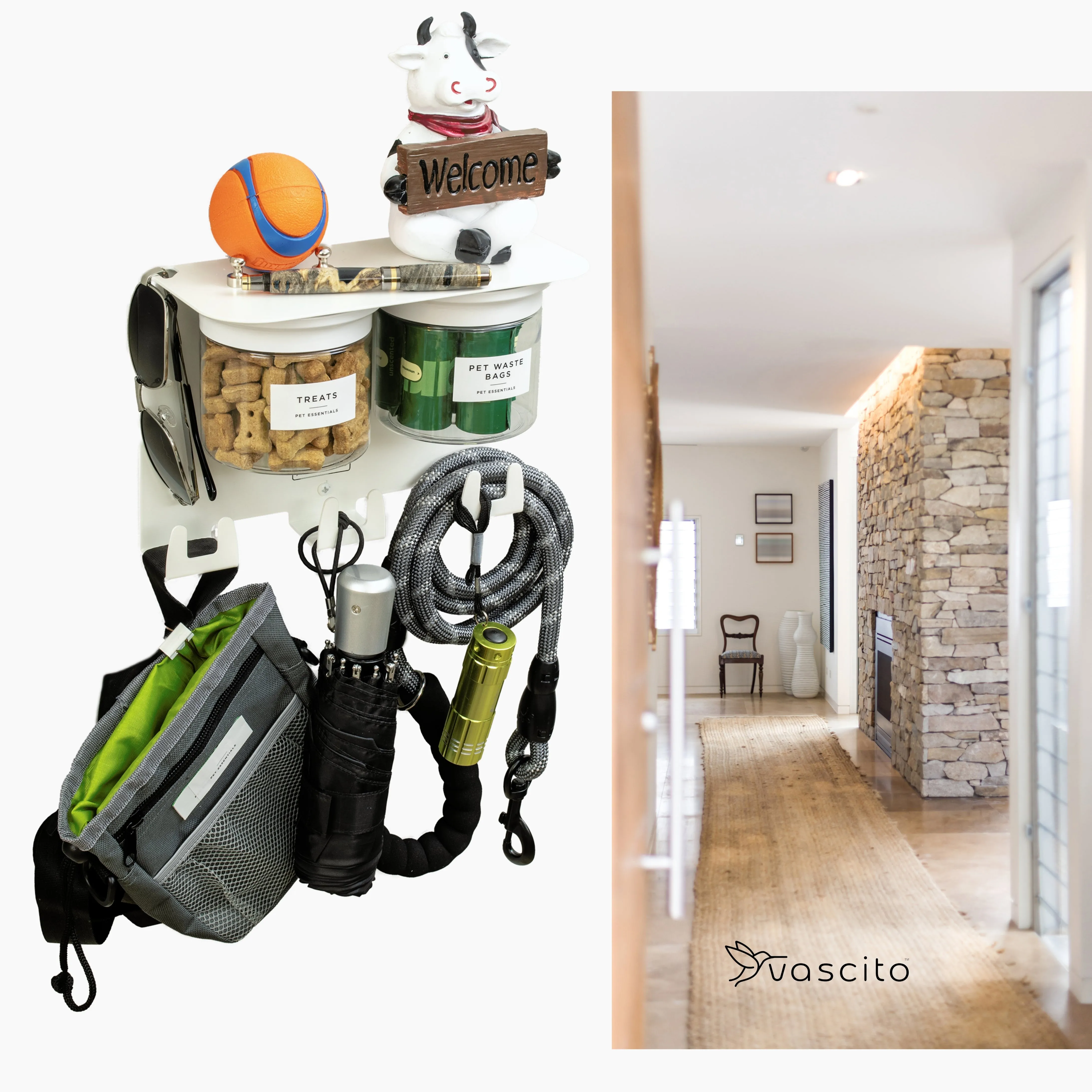 Dog Leash Holder for Wall with 9" Dog Shelf, Deep Dog Hooks and 2 Small Airtight Dog Treat Containers, Dog Stuff Organizer and Storage