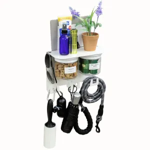 Dog Leash Holder for Wall with 9" Dog Shelf, Deep Dog Hooks and 2 Small Airtight Dog Treat Containers, Dog Stuff Organizer and Storage